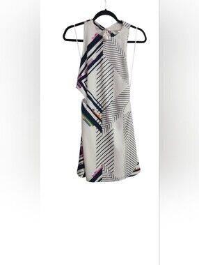 Geometric Print Sleeveless Shift Dress - White with Multi-Color Accents